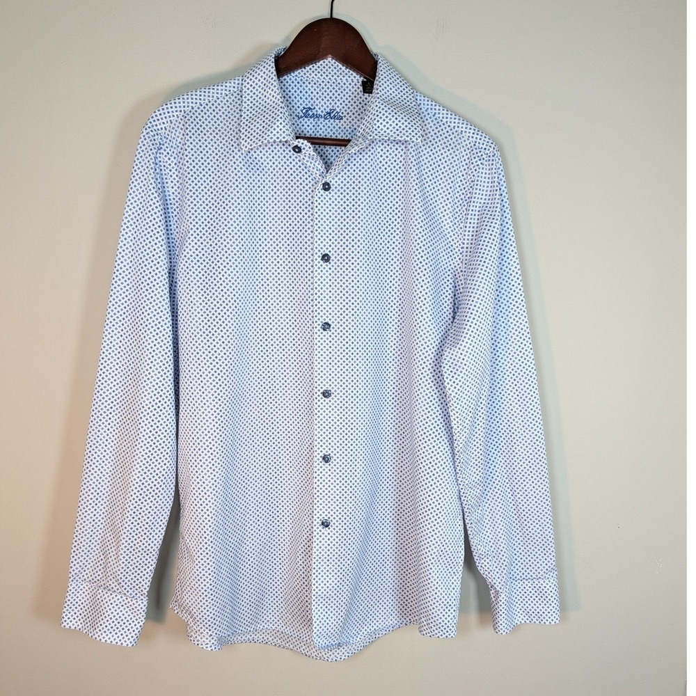 Tasso Elba Mens Blue White Geometric Diamond Print Cotton Button Down Shirt L